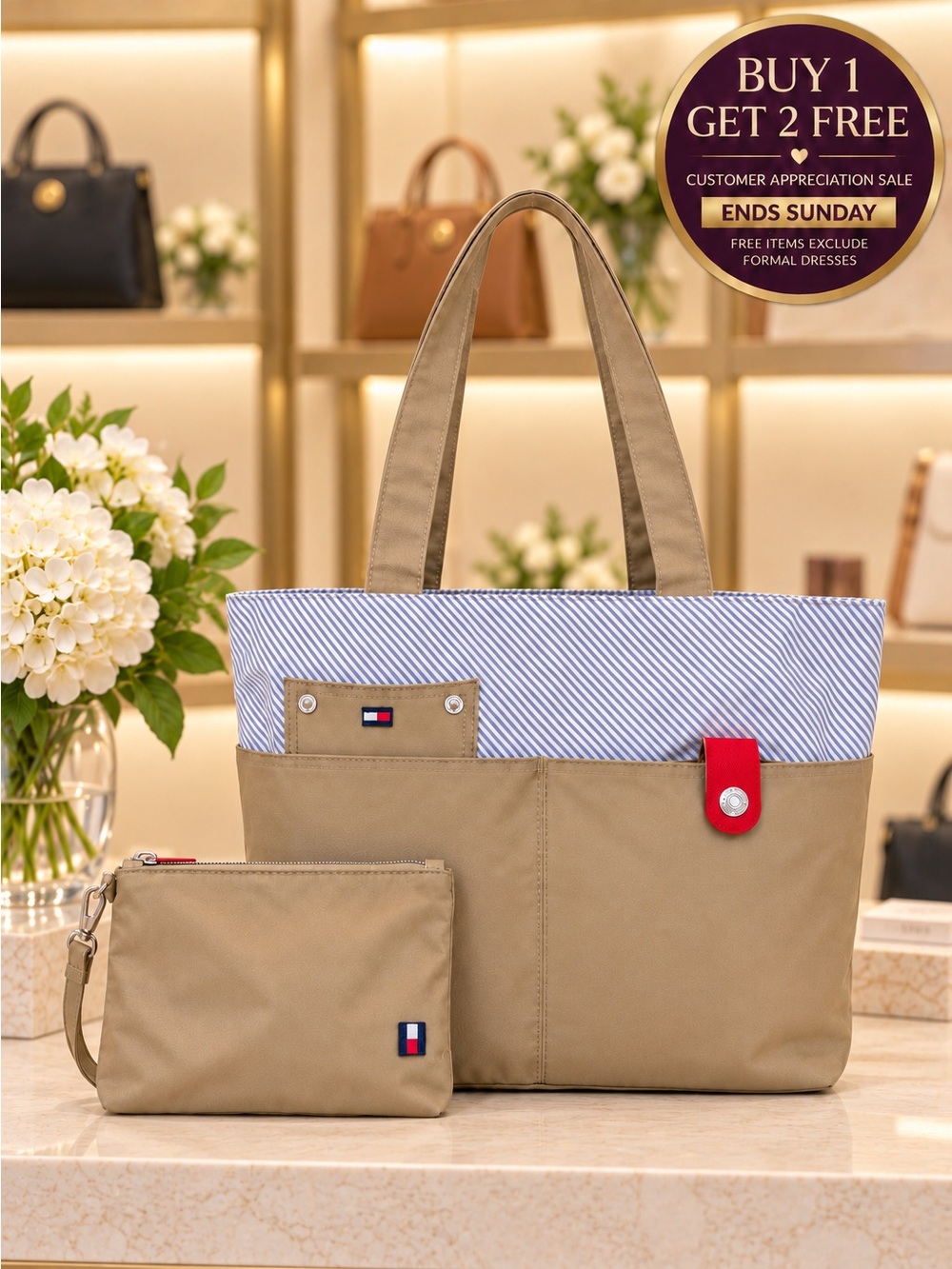Tommy Hilfiger Khaki Blue Striped Tote Bag with Removable Pouch